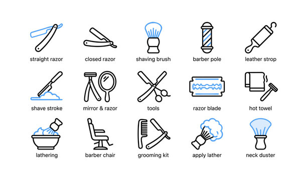 Barber and shaving icons showing razors, brush, chair, lather