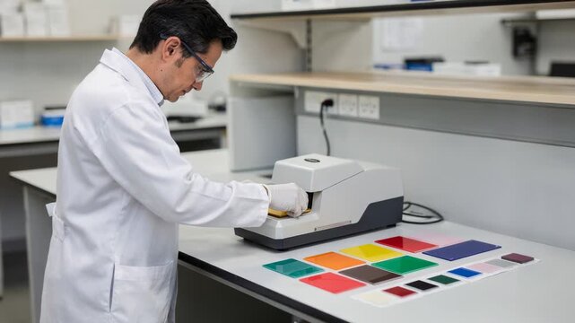 Medium shot of a technician using a spectrophotometer to compare dyed plastic panels ensuring highprecision color matching against standard swatches in a quality control lab