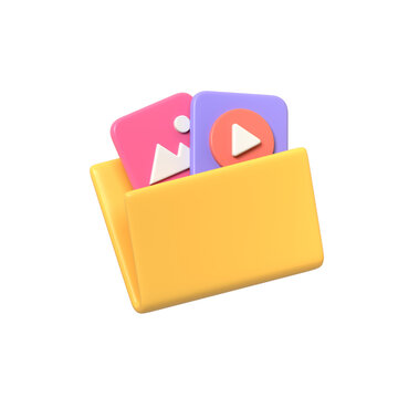 Vibrant 3D Render of a Multimedia Folder with Image and Video Files Representing Digital Content Storage and Organization.3d render