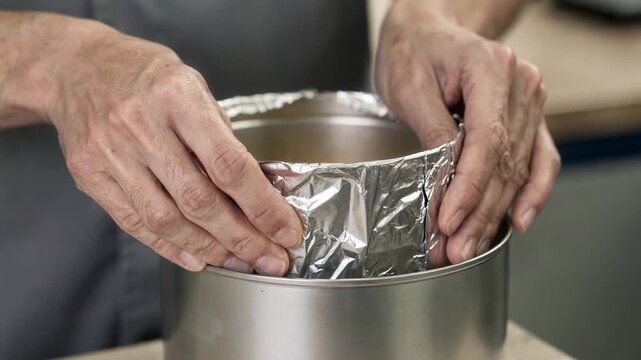 Medium shot of a worker carefully fitting a foil liner inside a cylindrical can ensuring a tight seal to protect contents from moisture and preserve freshness