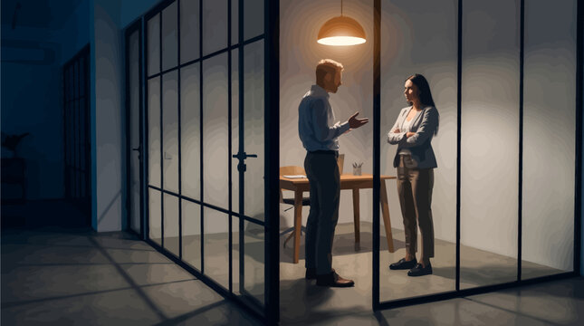 Serious business meeting or couple argument inside dimly lit office room under single hanging lamp light background