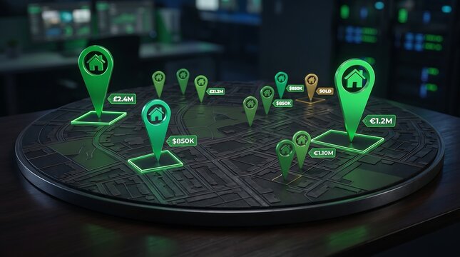 Futuristic 3D Real Estate Map with Digital Property Listing Pins and Prices for PropTech, Smart Investment, and Location Based Property Analytics