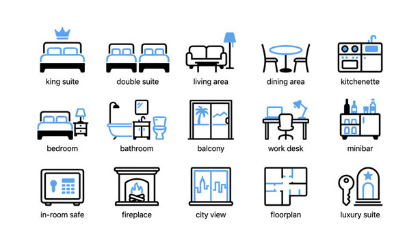 Hotel room and suite amenity icons showing room features