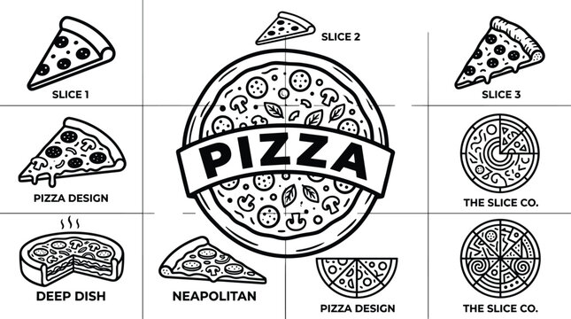 Set of black and white pizza logo templates and vector icons featuring various slices deep dish and neapolitan styles for restaurant branding
