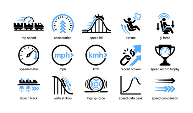 Roller coaster speed and performance icons on white background