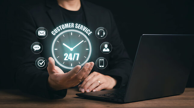 Customer service and 24 7 support concept with businessman holding clock icon