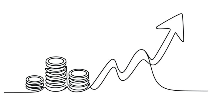 Continuous one line drawing of a stack of coins and a rising financial arrow