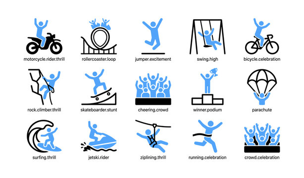 Activity icons of people performing thrill sports and celebrations