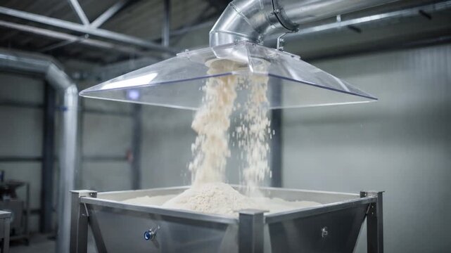 Medium shot of a powder detergent loading hopper enclosed with a dust containment hood capturing the extraction system minimizing airborne dust in an industrial setting