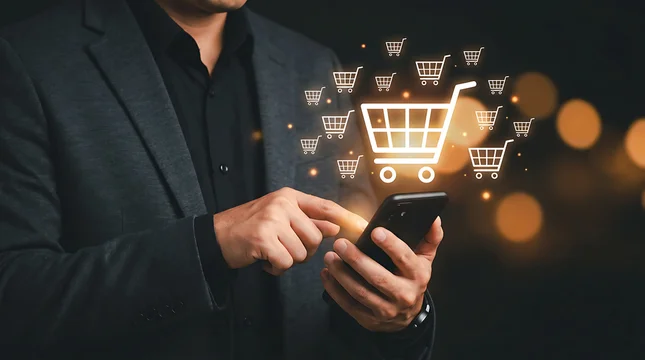 Businessman using smartphone for online shopping and e-commerce experience