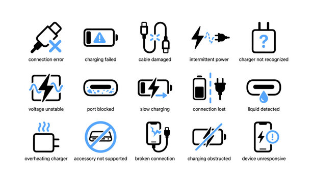 Charging error icons showing fault types on white background