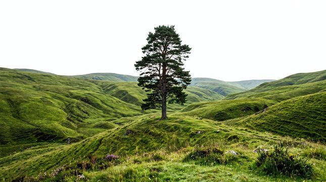 A lone tree stands on a green hill in a serene landscape with rolling hills