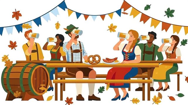 Happy people in traditional German clothing sitting at a long wooden table drinking beer enjoying festive atmosphere with colorful flags and autumn leaves around Oktoberfest celebration concept.