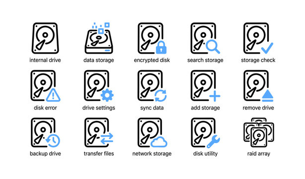 Hard drive and storage icons arranged in grid layout