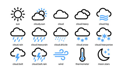 Obraz premium Set of weather and climate icons arranged on white background