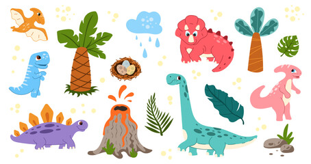 Set of cute dinosaurs, volcano, nest with eggs, palm trees and tropical leaves. Children's characters for education, stickers, nursery decor and textiles. © Инна Музыка