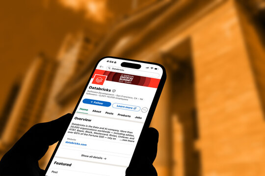 Kiel, Germany - 06-02-2026: LinkedIn profile of Databricks United States cloud-based data and AI company displayed on smartphone in office environment