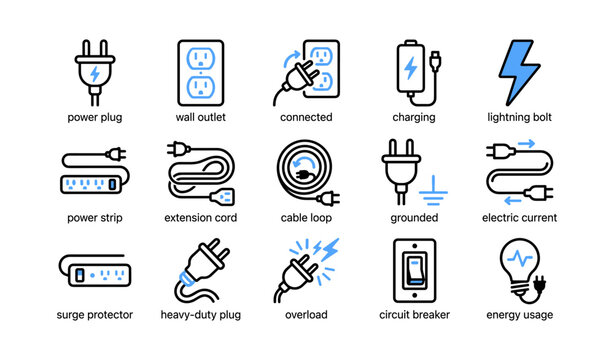 Electrical plugs and power icons arranged in white grid