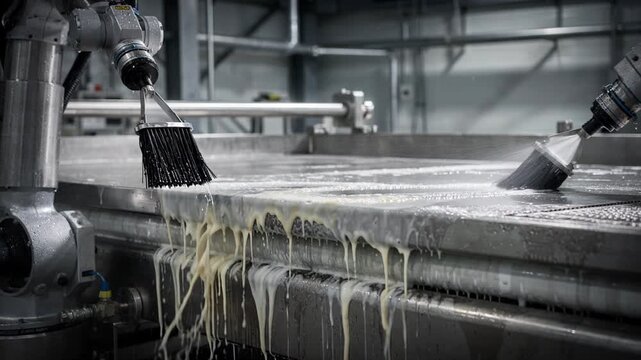 Medium shot of a mobile brine filtration unit actively scrubbing and cleaning a filter press surface highlighting precision and robotic dexterity in industrial maintenance