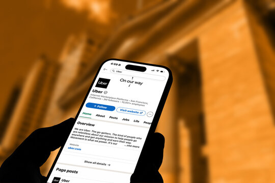 Kiel, Germany - 06-02-2026: LinkedIn profile of Uber United States ride-hailing and transportation network company displayed on smartphone in office environment