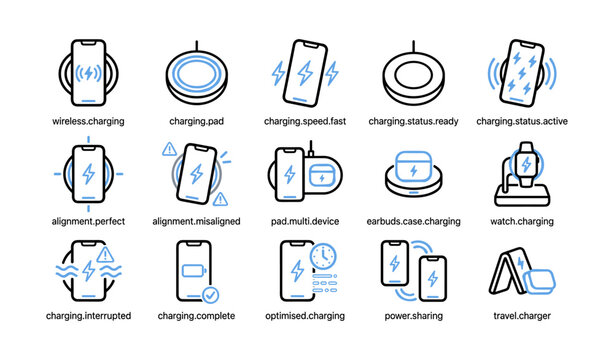 Wireless charging icons grid with various states on white background
