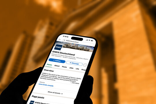 Kiel, Germany - 06-02-2026: LinkedIn profile of KNDS Deutschland German defense and security technology company displayed on smartphone in office environment