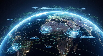 Obraz premium Global Network Connections and Digital Data Flow Across Earth.