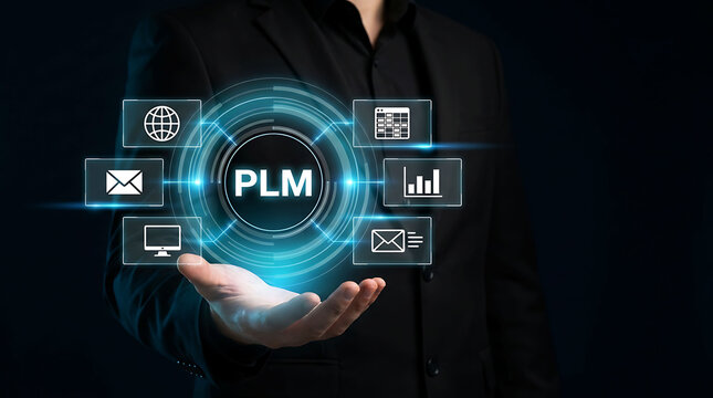 Product lifecycle management PLM business concept with digital interface icons