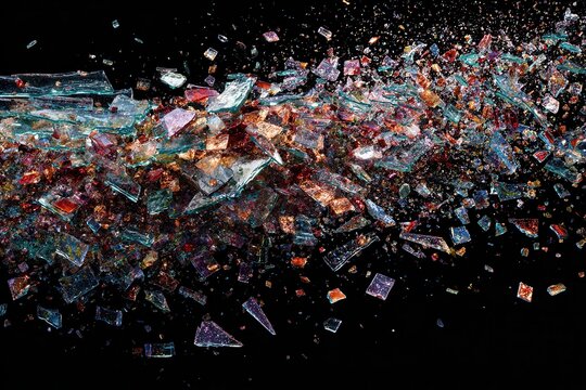 Colorful shattered glass exploding outwards forming a unique abstract pattern against a black background