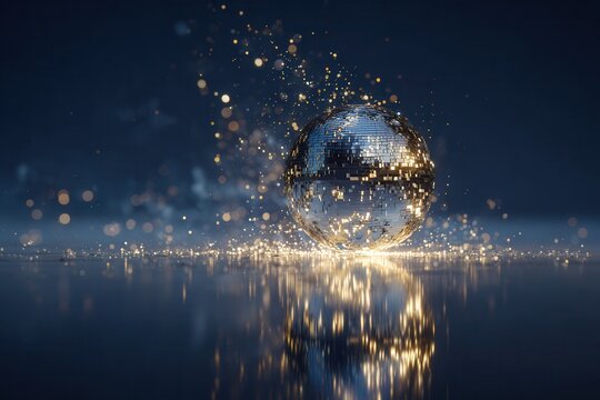 Disco ball sparkling with golden glitter particles on a reflective surface, creating a festive party backdrop