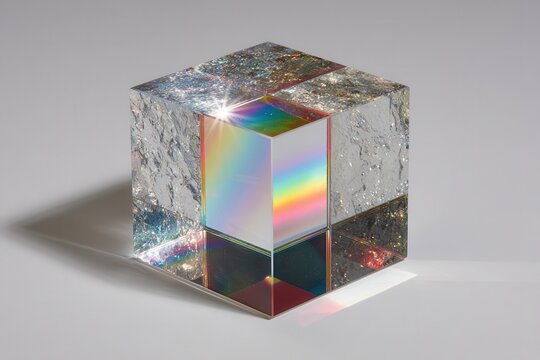 Crystal cube refracting light, forming a colorful rainbow spectrum on a white background