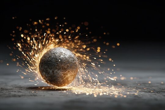Rough metal ball creating golden sparks and heat from grinding on a dark surface
