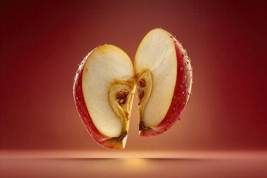 Apple halves with visible core and seeds floating in a studio setting