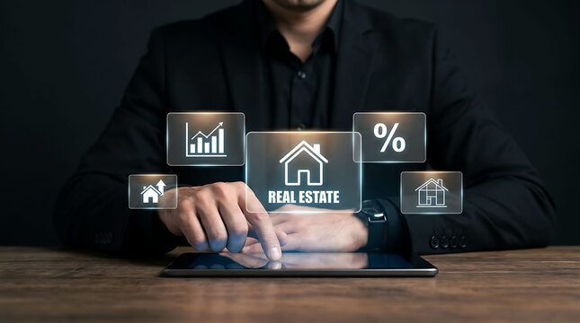 Real estate agent analyzing market growth and property investment options on digital tablet
