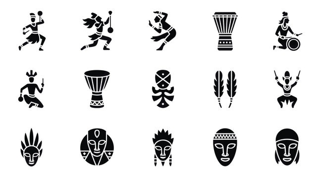 Set of 15 Black African Culture and Tribal Art Icons Vector