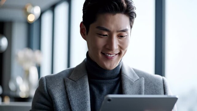 Asian man in gray suit using tablet.