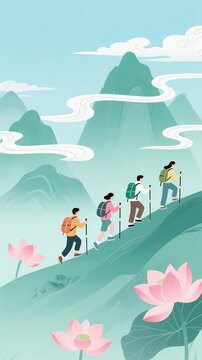 Illustration of hiking, mountaineering and outdoor travel
