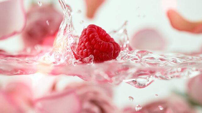fresh raspberry splash in clear water with floating rose petals