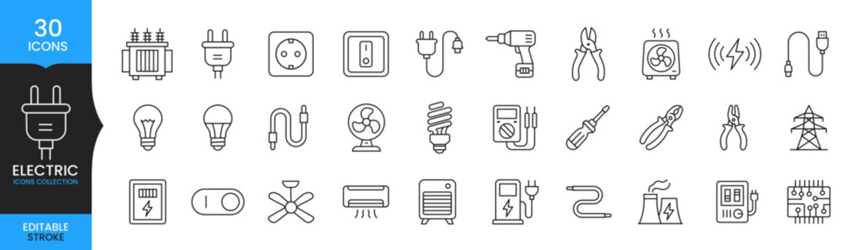 Electric Icons Collection, Electrical Equipment Line Icon Set, Power Energy Vector Symbols, Editable Stroke Electronics and Tools Illustration