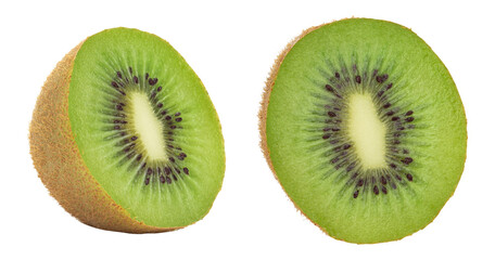 Fototapeta premium Vibrant green kiwi fruit slice with black seeds and white core, isolated on transparent background