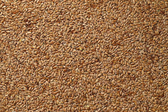 Detailed view on brown flax seeds in big pile on table close up