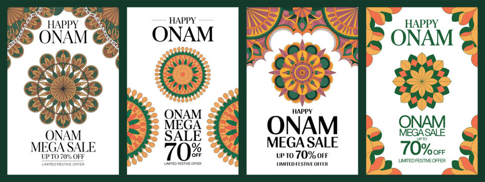 Happy Onam Mega Sale Banners with Festive Pookalam and Traditional Designs