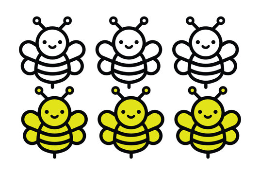 Bee illustration set of colorful and black and white cartoon characters