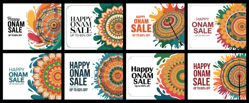 Happy Onam Sale Banners with Festive Designs and Pookalam Patterns