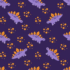 Kids seamless background with cute violet dinosaurs, abstract spots, and dots. Decorative pattern for nursery textile, wallpaper, and fabric design. Vector illustration on dark violet. © Инна Музыка