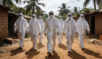 Fototapeta premium Doctors in protective suits walking through an African village during an Ebola virus outbreak. Medical team responding to a disease emergency. Global health crisis and epidemic control.