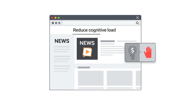 Web Interface Illustration Highlighting Reduced Cognitive Load and Ad Blocking for Better User Experience