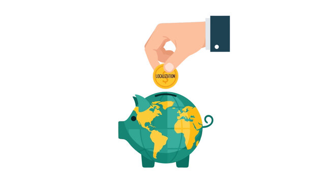 Business Hand Inserting Localization Coin into World Globe Piggy Bank - Global Market Strategy Concept