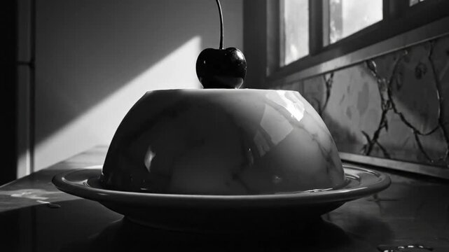 Black and white still life of a dessert with a cherry placed on top in a minimalistic kitchen