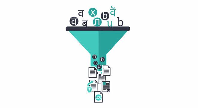 Abstract Illustration of Multilingual Content Localization and Translation Funnel Process Concept